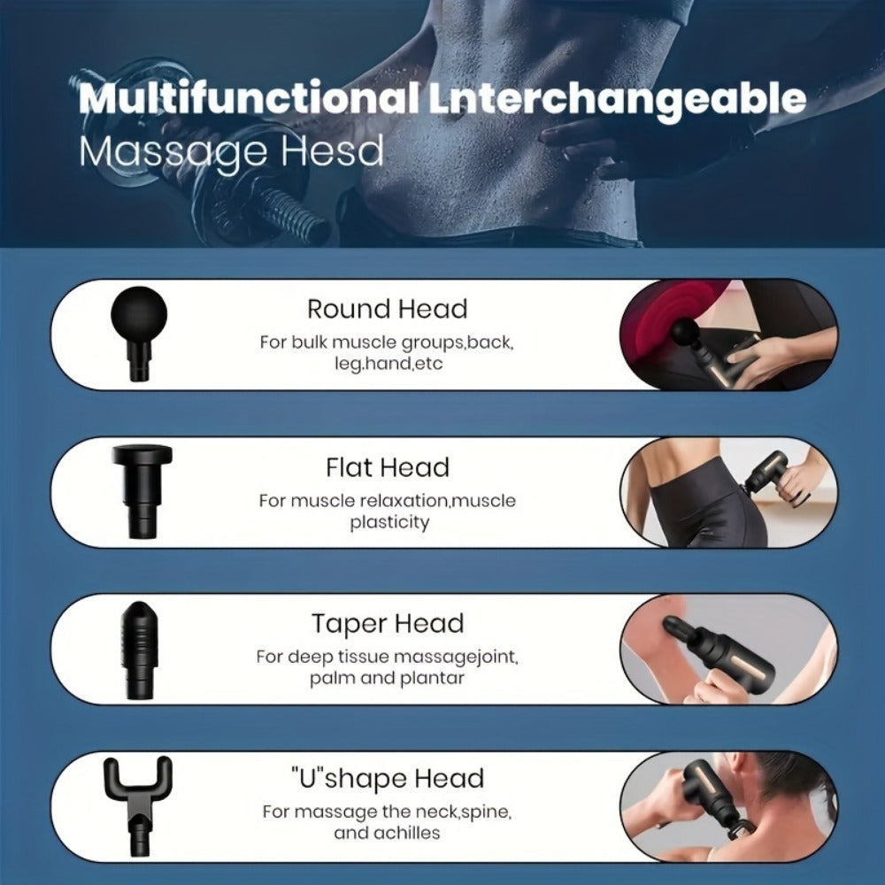 Veltro Mini Massage Gun showing attachment heads and USB charging port