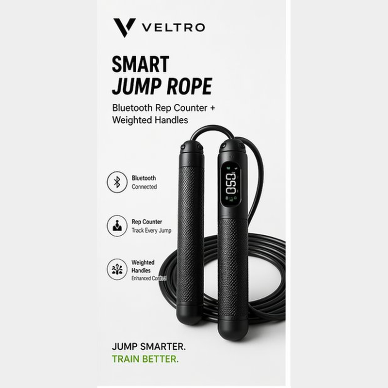Veltro Smart Jump Rope with Bluetooth rep counter and weighted handles for cardio conditioning